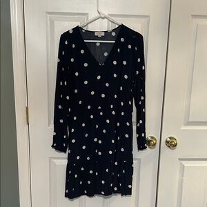 LOFT Dark Blue Polka Dot Long Sleeve Dress